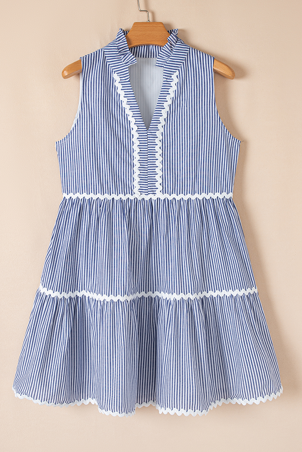Blue Stripe Sleeveless Notched V Neck Contrast Ric Rac Mini Dress - Image 7