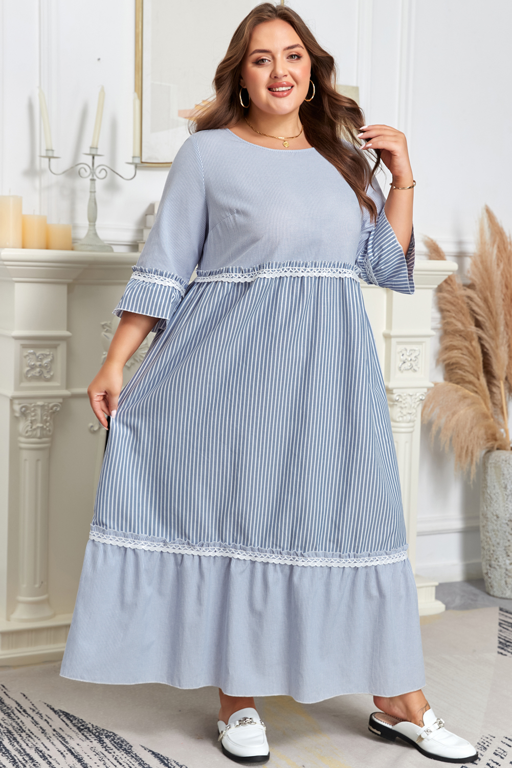 Sky Blue Stripe Crisscross Lace Detail Mixed Striped Patchwork Plus Size Shift Long Dress - Image 5