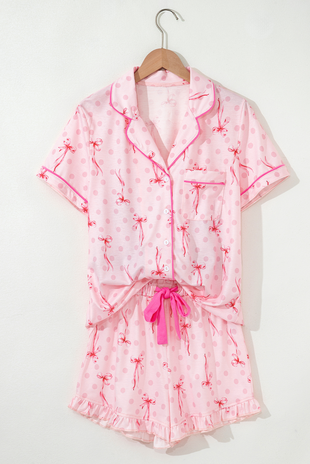 Pink Bow Print Contrast Pipping Short Pajamas Set - Image 4