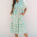 Multicolour Striped Floral Print Tie Split Neck Puff Sleeve Midi Dress