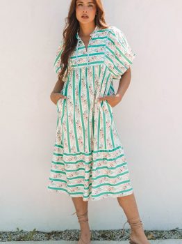 Multicolour Striped Floral Print Tie Split Neck Puff Sleeve Midi Dress