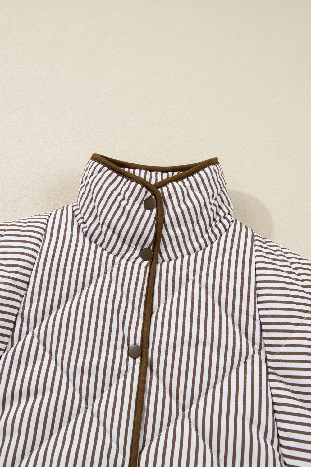 Brown Stripe Quilted Wavy Hem Snap Button Plus Size Vest - Image 7