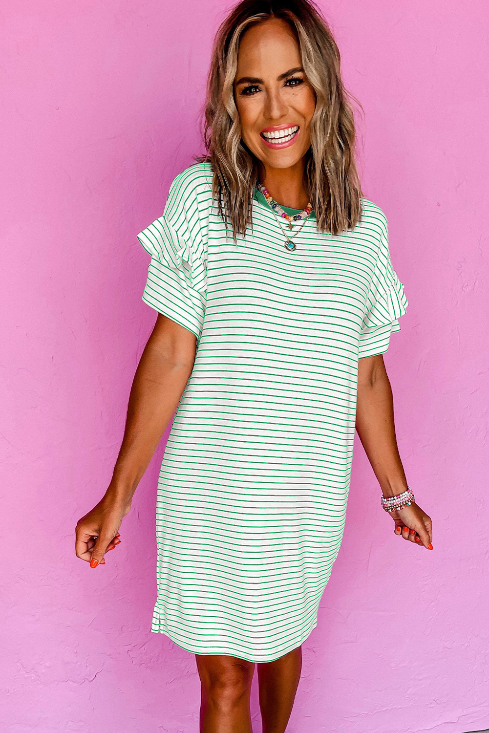 Green Stripe Ruffled Short Sleeve Crew Neck T Shirt Shift Mini Dress - Image 7