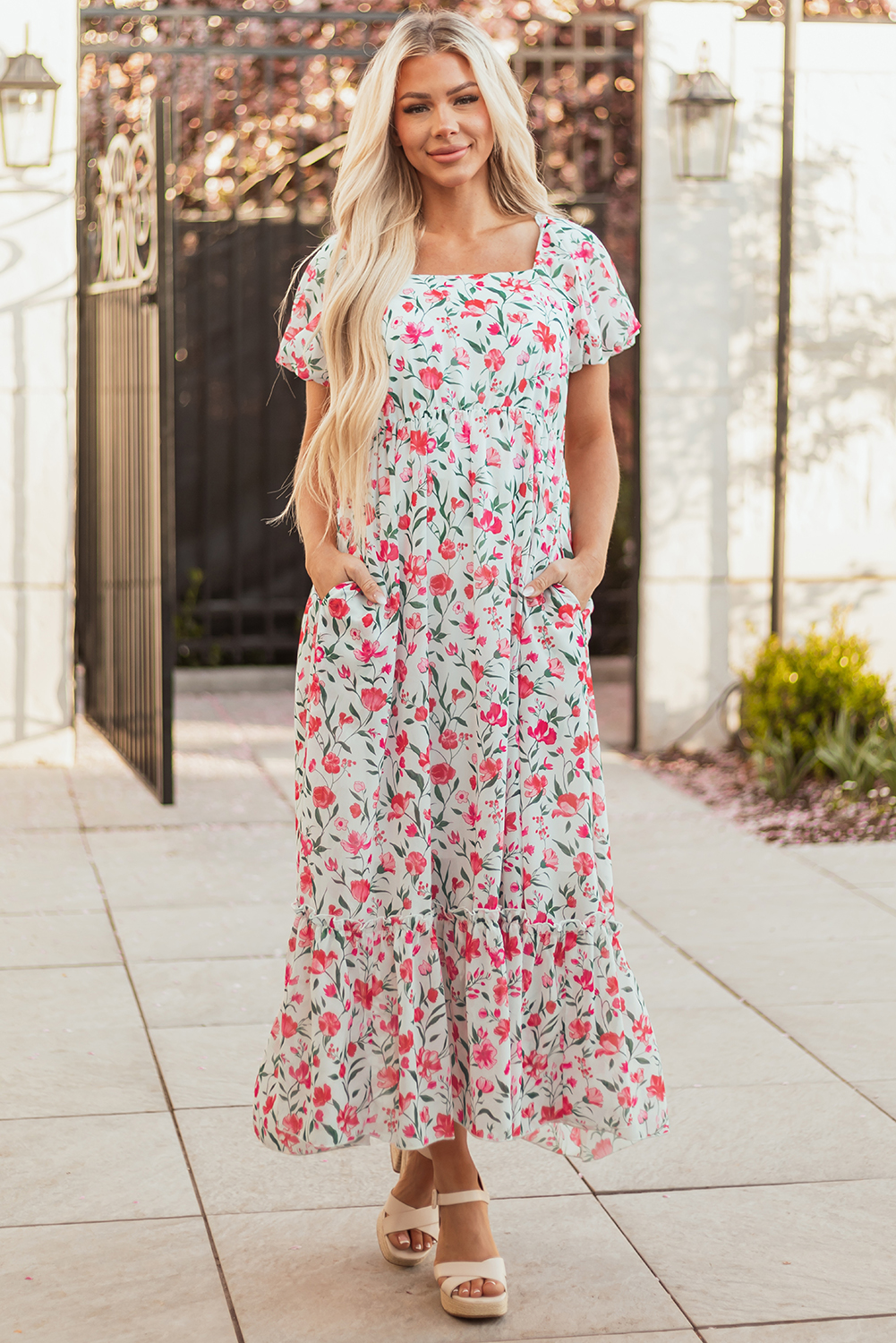 Pink Floral Puff Sleeve Square Neck Empire Waist Tiered Maxi Dress - Image 4