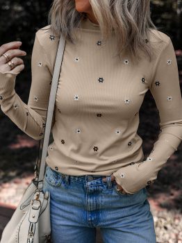 Jet Stream Floral Embroidered Detail Ribbed Long Sleeve Top