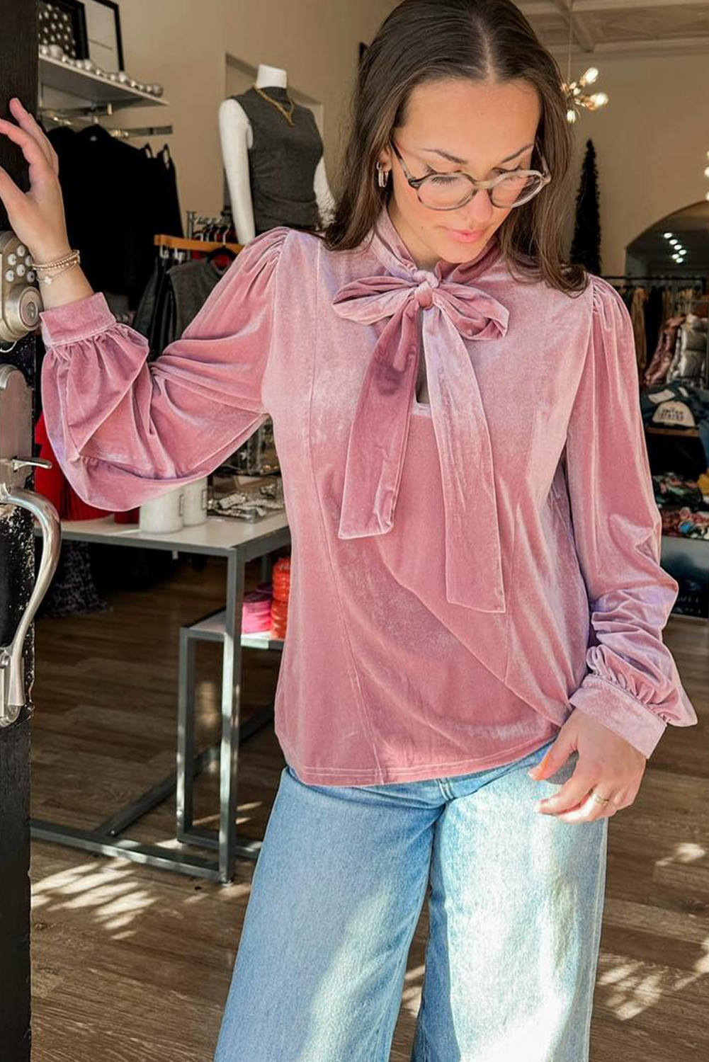 Fushia Solid Color Velvet Ribbon Bow Knot Long Sleeve Blouse - Image 3