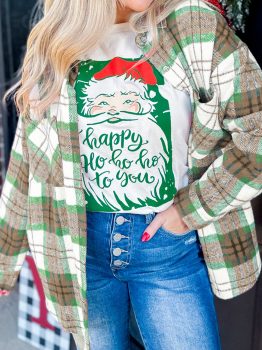 Khaki Christmas Plaid Casual Flannel Shacket