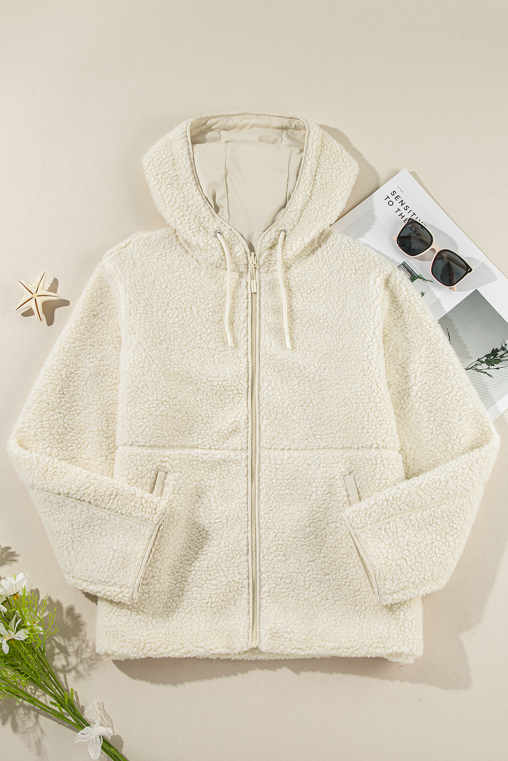 Beige Fleece Zip Up Drawstring Hooded Pocketed Jacket - Image 4