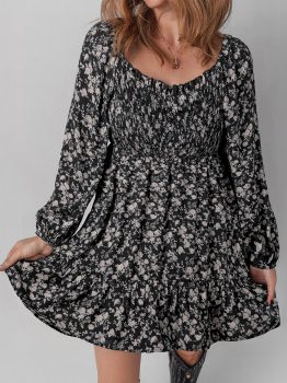 Black Floral Long Sleeve Frilly Shirred Square Neck Mini Dress