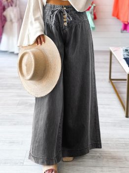 Carbon Grey Mineral Wash Button Fly Waist Wide Leg Jeans