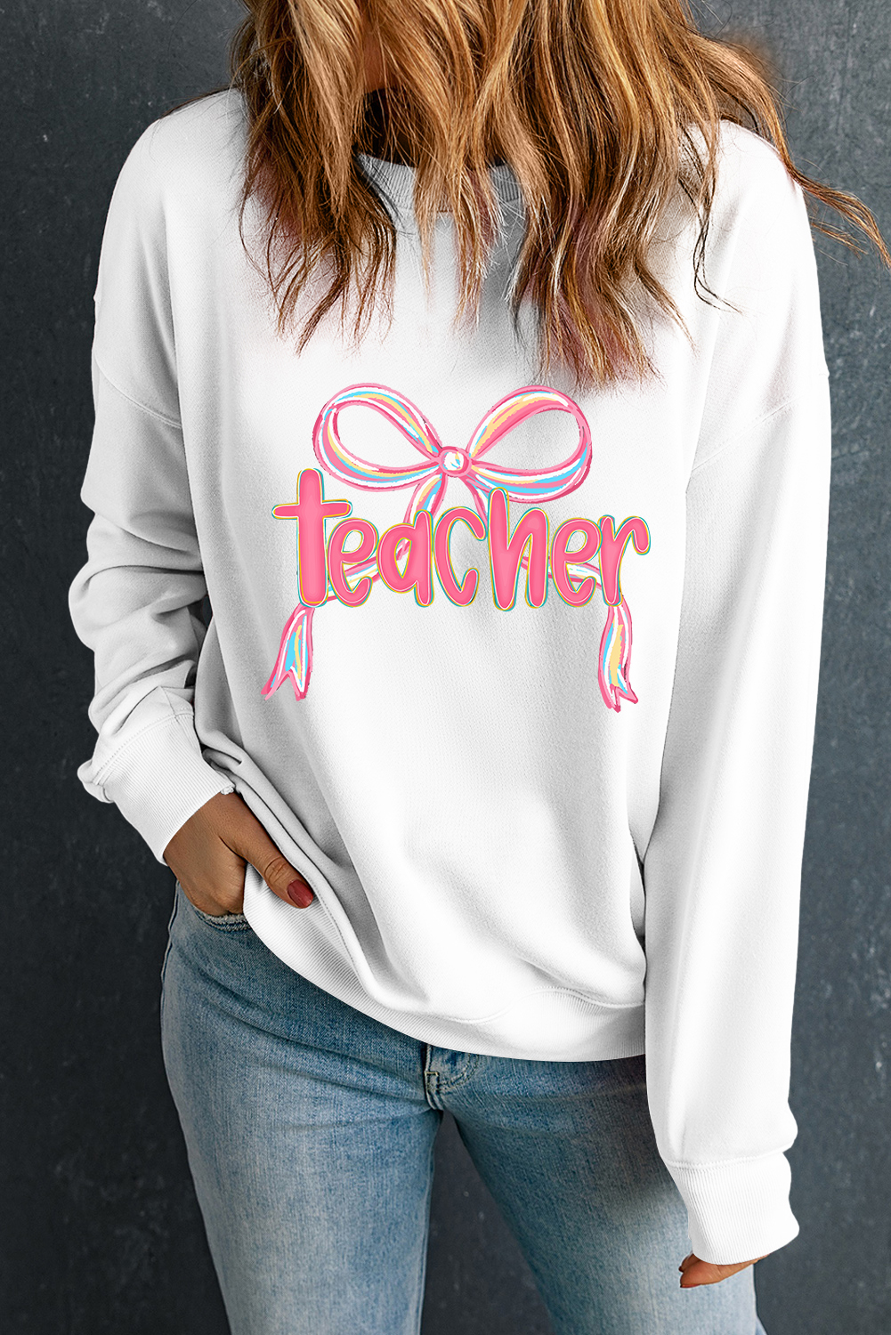 White Teacher Bow PNG Graphic Pullover Sweatshirt - Image 3