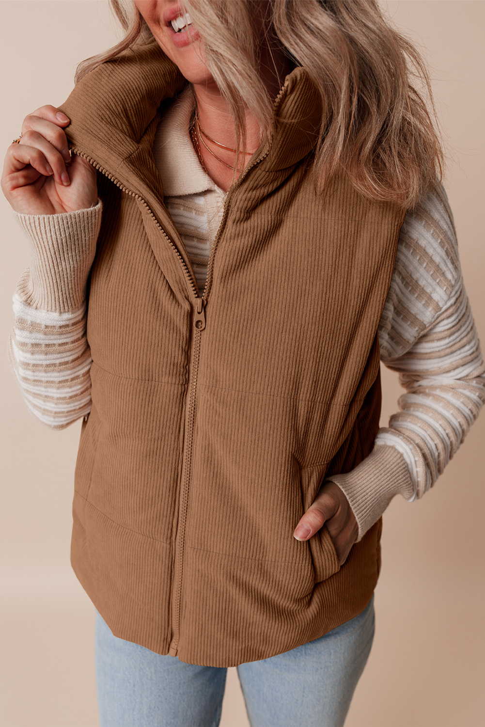 Coffee Corduroy Stand Neck Zipped Puffer Vest - Image 8