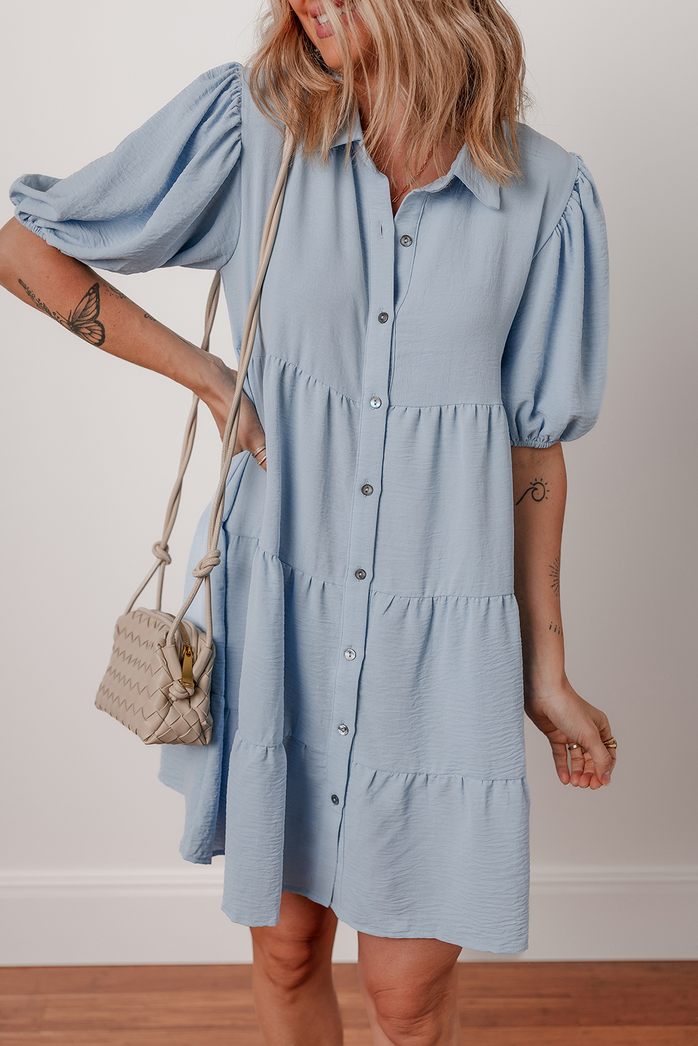 Beau Blue Shirt Collar Button Up Short Puff Sleeve Tiered Shift Dress - Image 3
