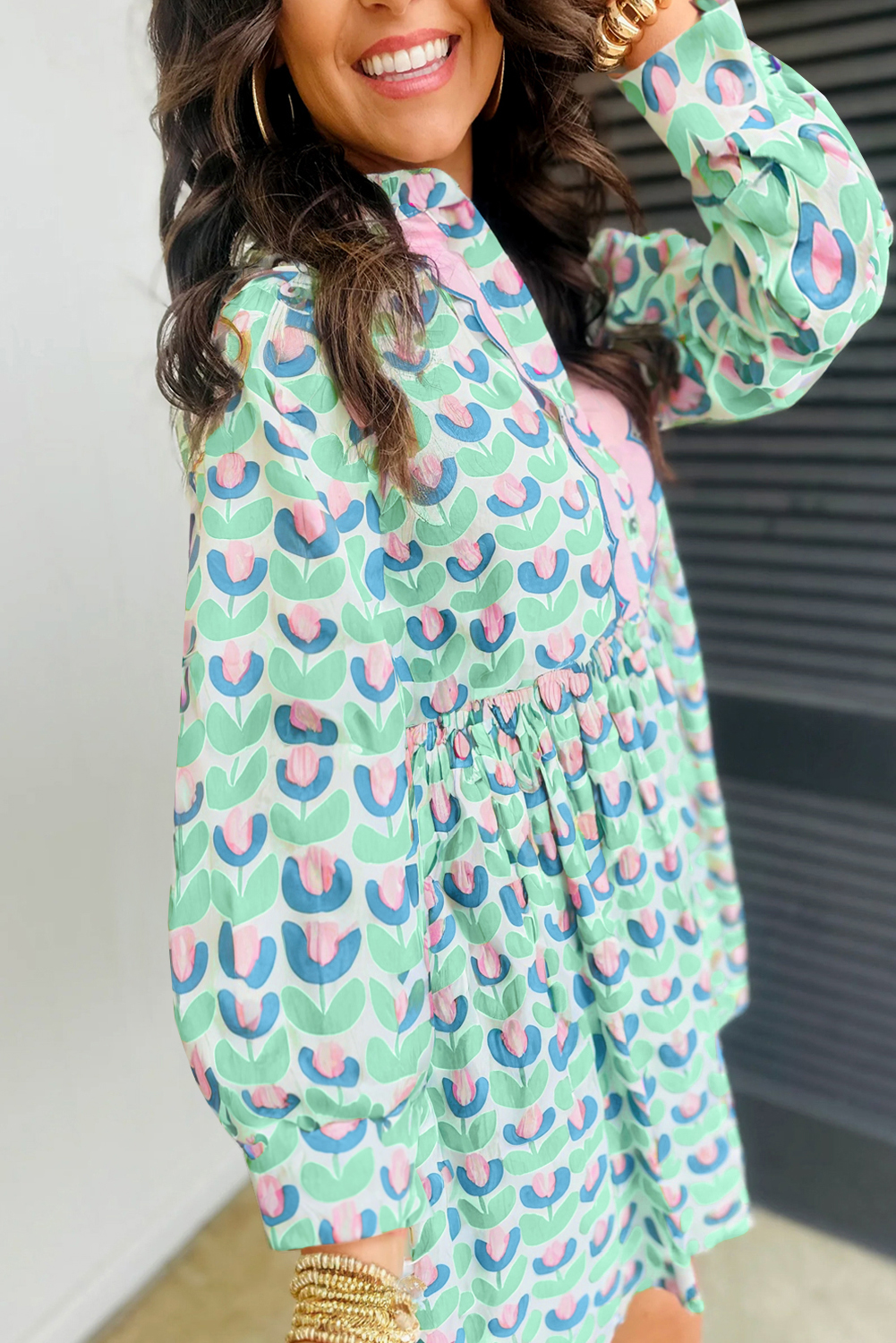 Green Floral Print Notched Neck Scalloped Detail Long Sleeve Mini Dress - Image 5