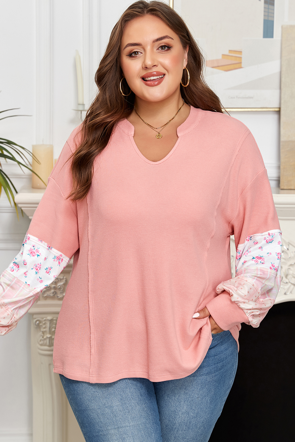 Pink Floral Sleeve Patchwork Waffle Knit Notched V Neck Plus Size Top - Image 5