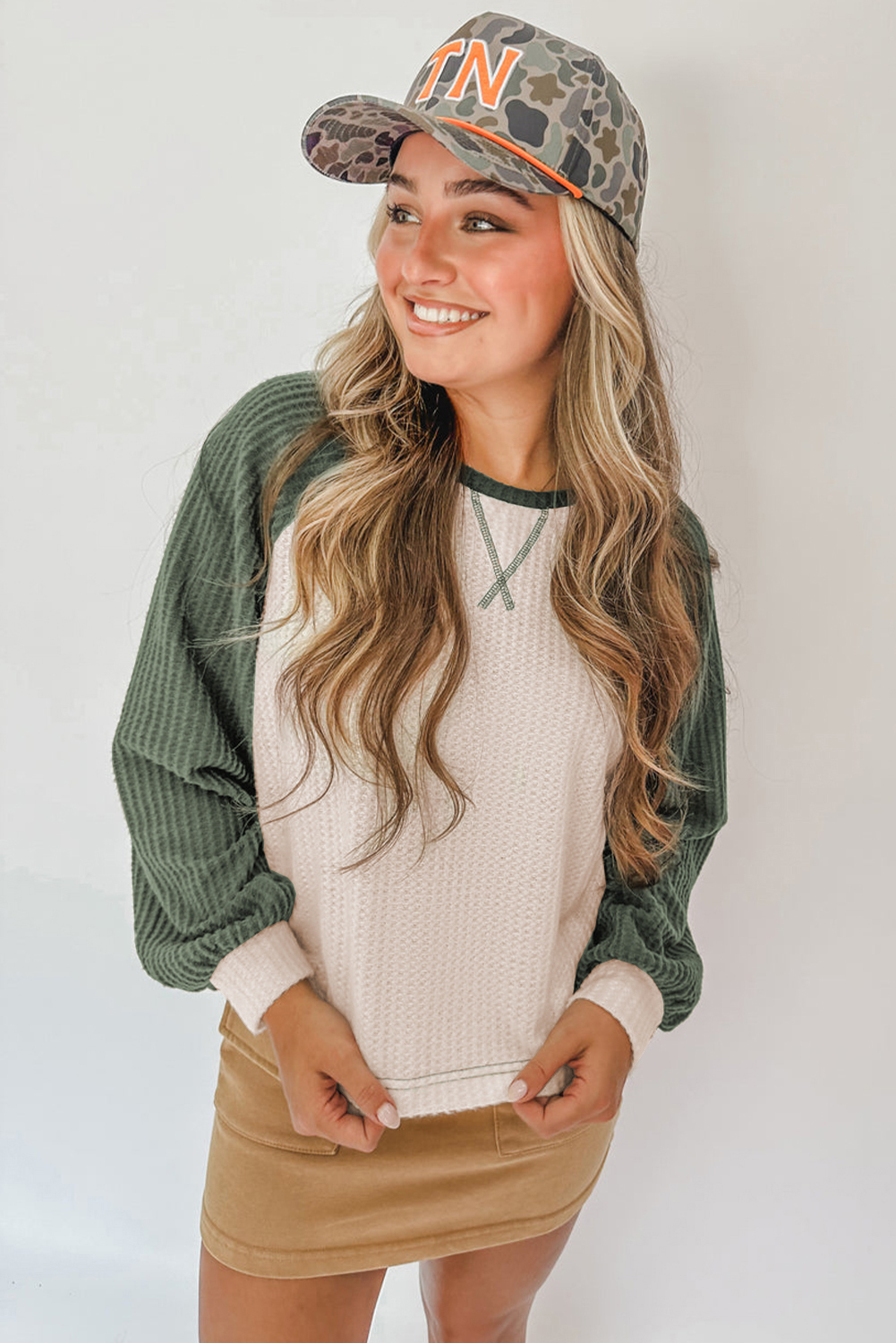 Mist Green Waffle Color Block Raglan Sleeve Top - Image 3