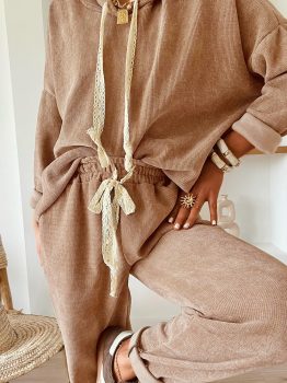Casual Lace Drawstring Pullover Hoodie and High Waist Pants Corduroy Suit