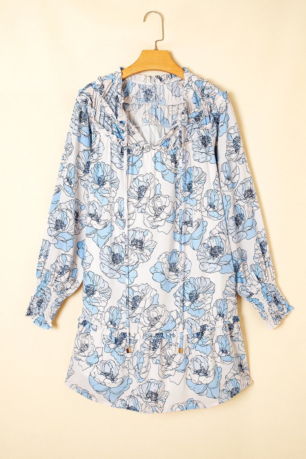 Sky Blue Floral Print Tie Neck Long Sleeve Flowy Mini Dress - Image 4