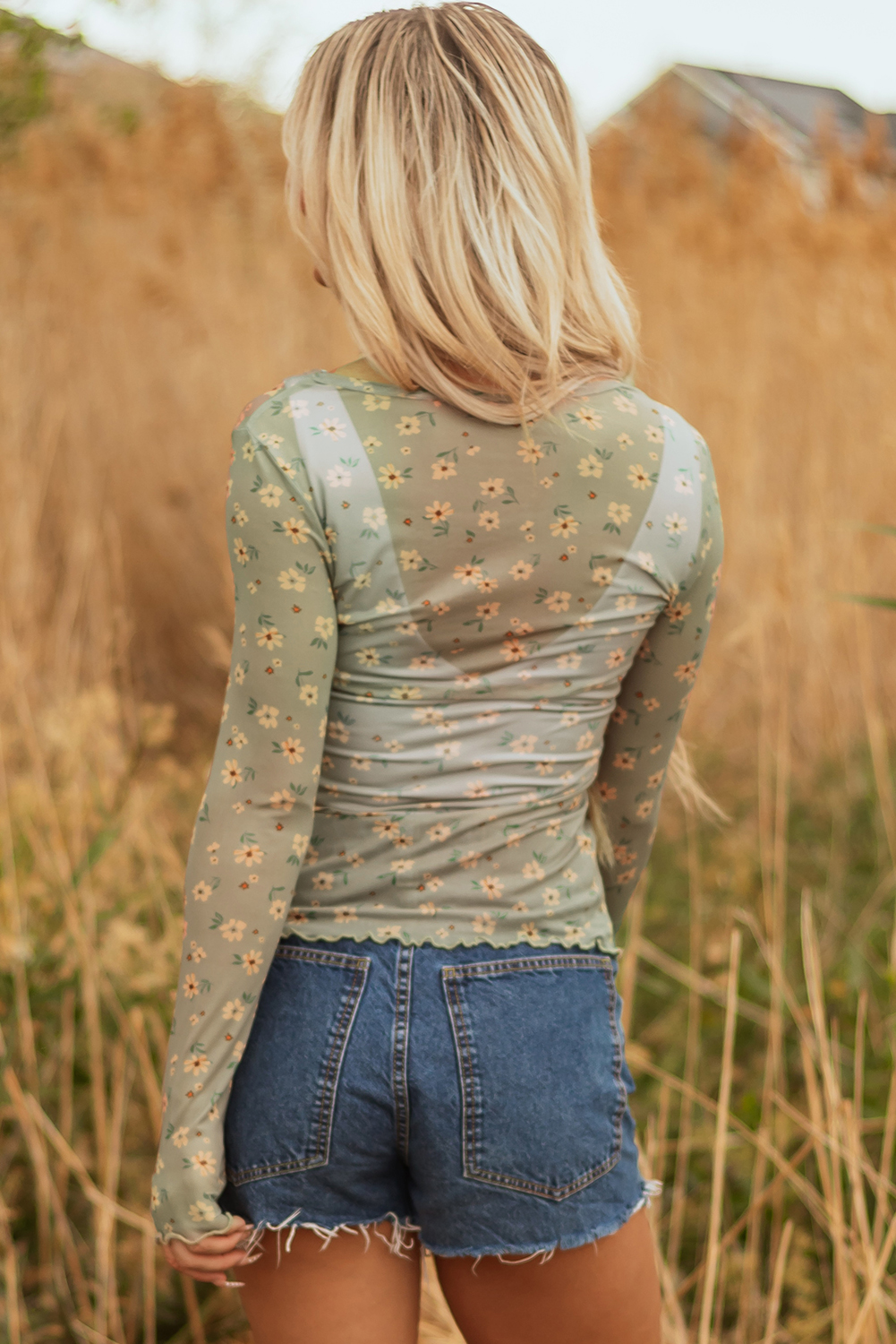 Laurel Green Vintage Floral Print Southern Style Mesh Long Sleeve Top - Image 2