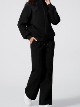 Black Drop Shoulder Zip Up Jacket Drawstring Pants Active 2pcs Set