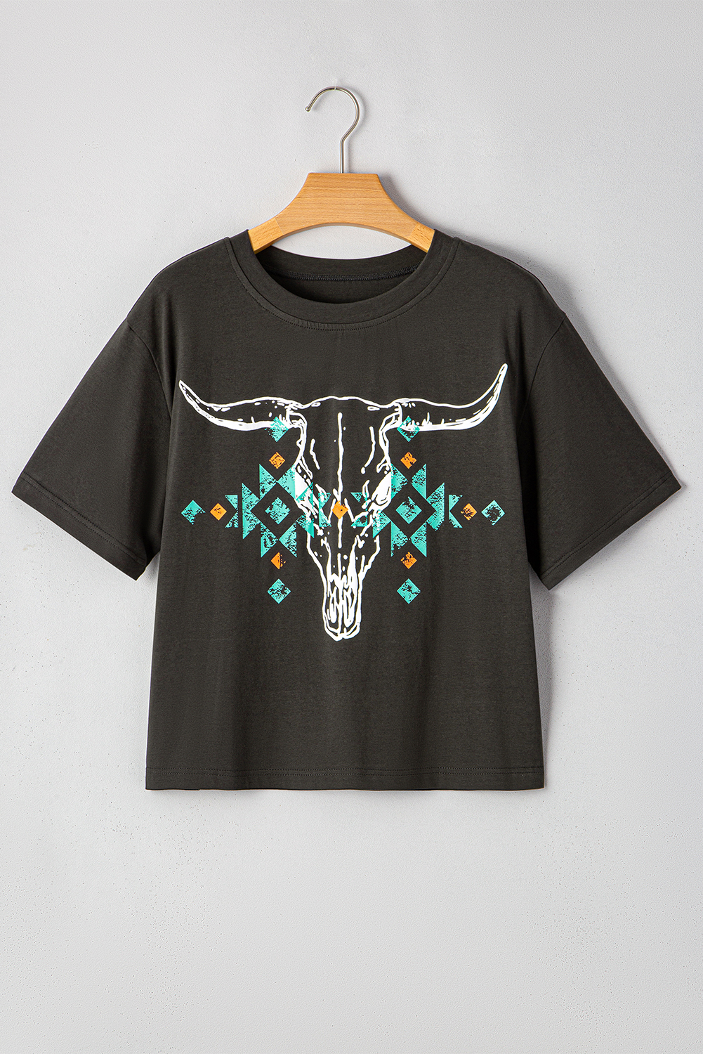 Carbon Grey Vintage Western Bull Head Skull Turquoise Aztec Graphic T Shirt - Image 8