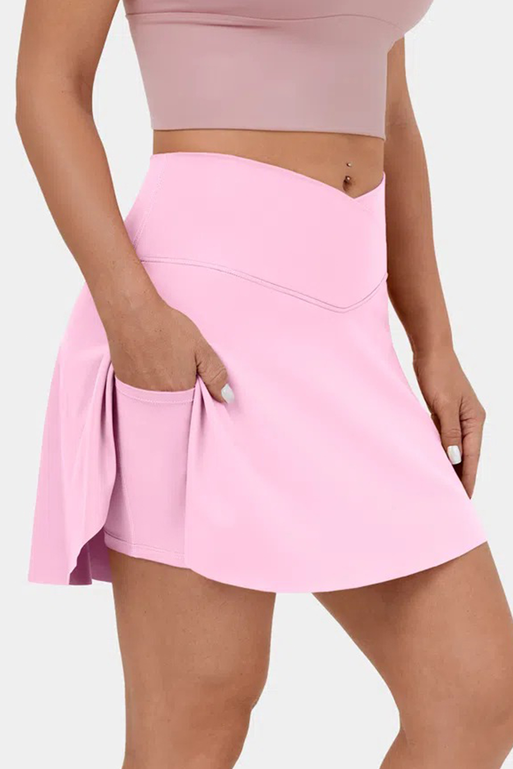 Pink Solid Pocketed Crossover High Waist Swim Skort - Image 6