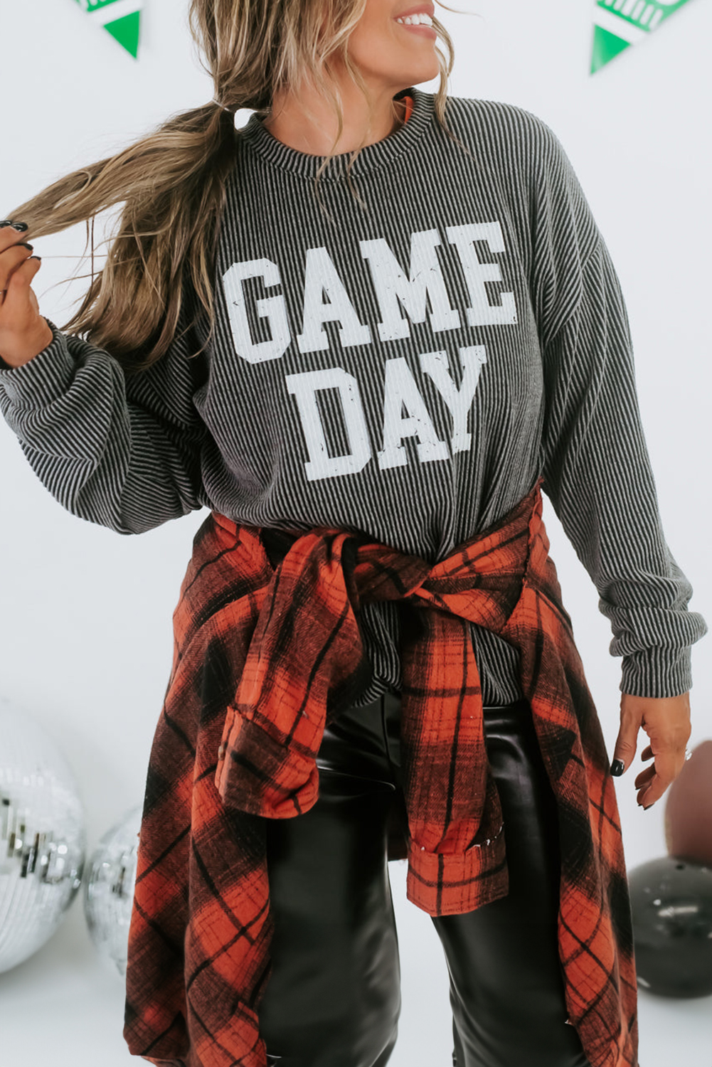Dark Grey Corded GAME DAY Graphic Long Sleeve Crewneck Top - Image 8