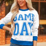 White GAME DAY Letter Graphic Varsity Striped Detail Baggy Sweatshirt