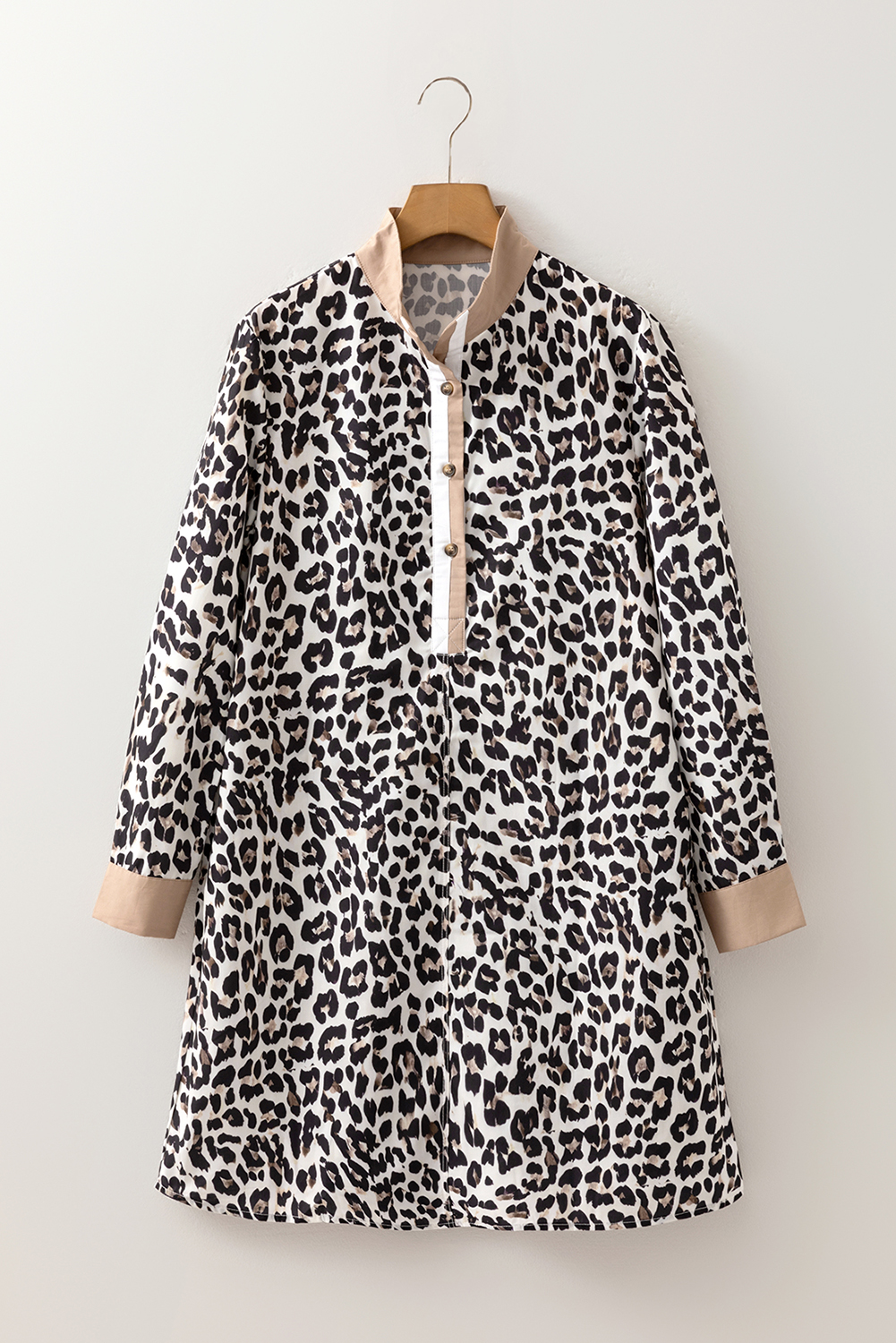 Multicolour Button Striped Collar Leopard Print Long Sleeve Flared Dress - Image 6