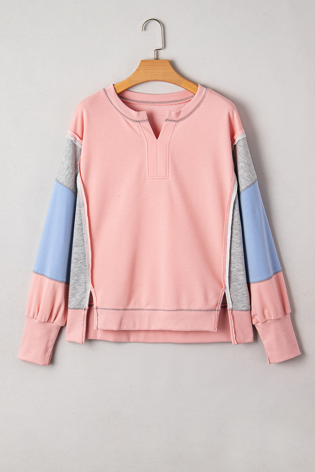 Apricot Pink Exposed Seam Color Block Patchwork Slit Cuffs Oversize Sweatshirt - Image 3