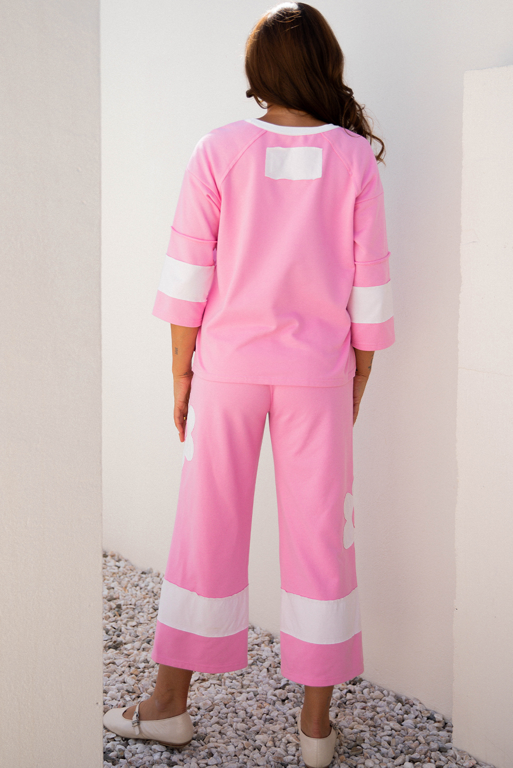 Orchid Bouquet Big Flower Patched Raw Seam Color Block 2 Piece Loose Pant Set - Image 2