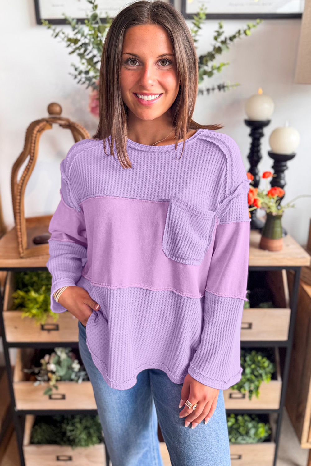 Phalaenopsis Thermal Knit Contrast Textured Patchwork Long Sleeve Top - Image 4