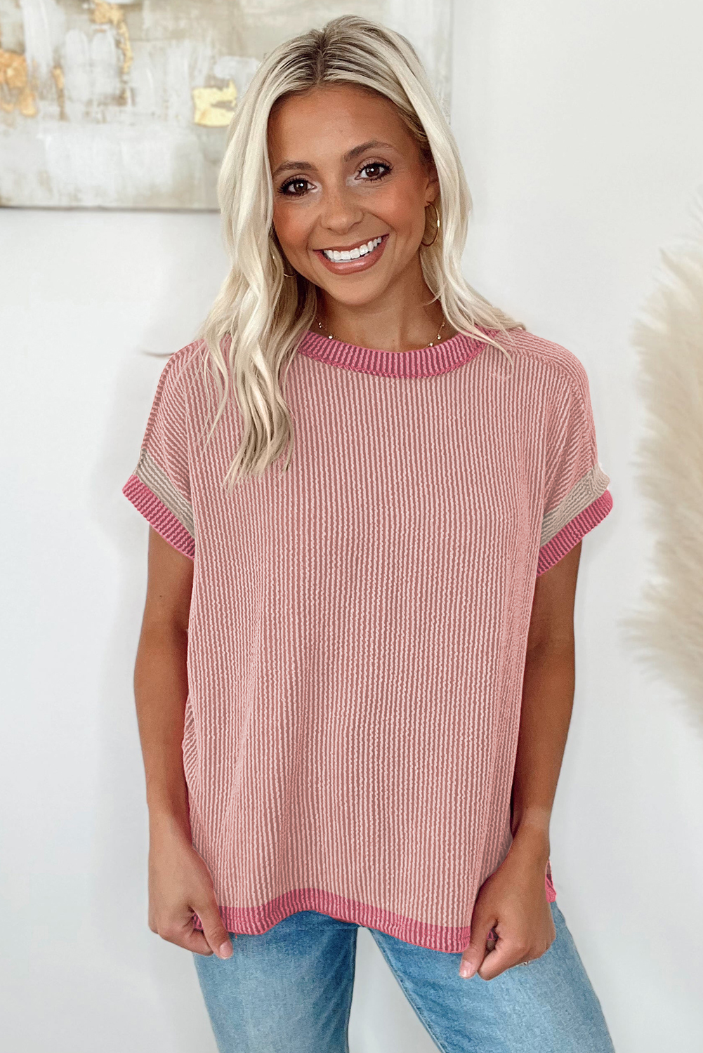 Light Pink Textured Contrast Trim Round Neck T Shirt - Image 4