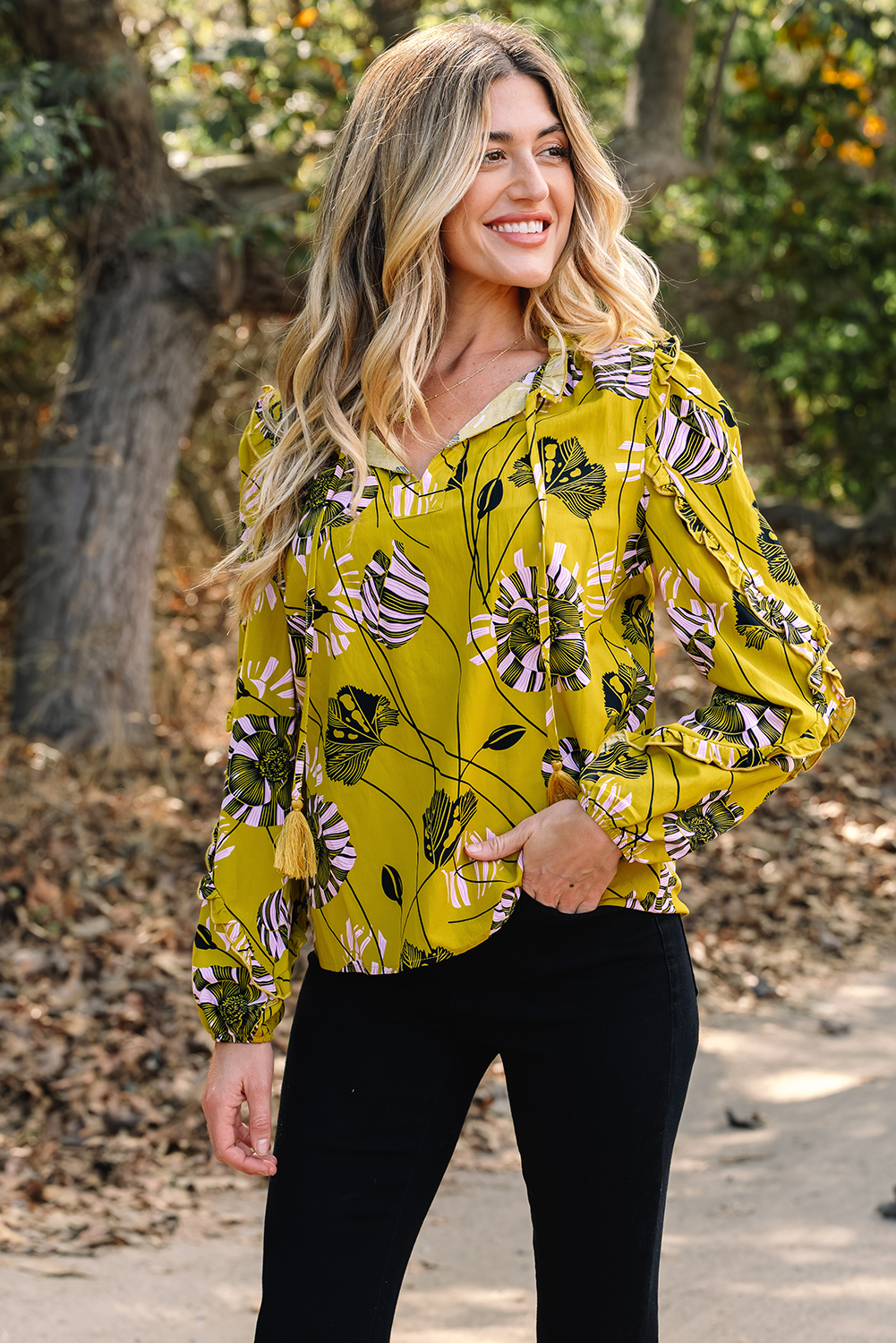 Yellow Vintage Floral V Neck Ruffle Trim Long Sleeve Blouse - Image 4