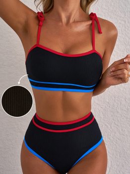 Black Triple Color Trimmed High Waist Bikini Set
