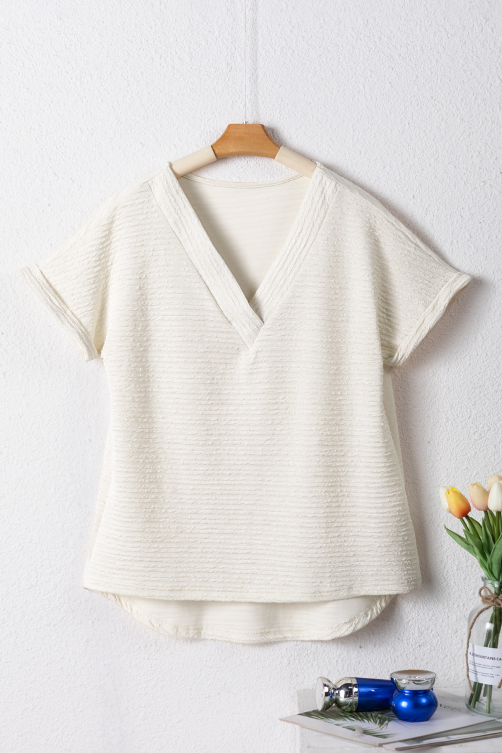 Pale Khaki Textured Wide Sleeve V Neck T Shirt - Image 4