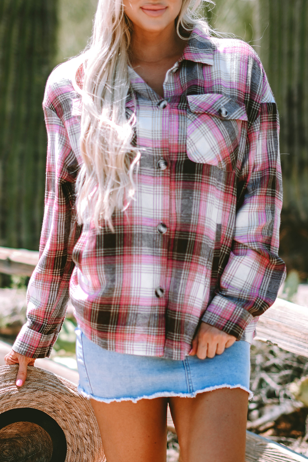 Pink Plaid Flap Pocket Button Up Shacket - Image 6