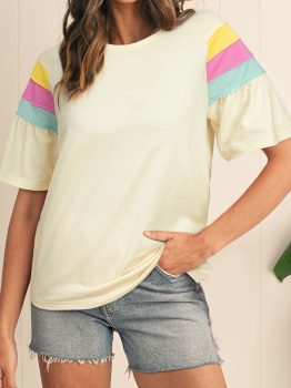 White Color Block Stitched Sleeve Loose T Shirt