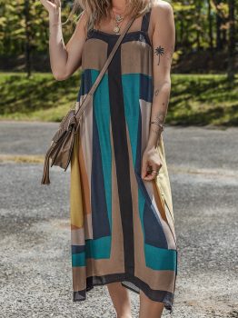Brown Retro Geometric Printed Y Back Sleeveless Dress