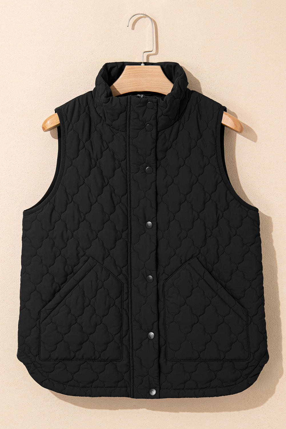 Black Flower Shape Quilted Snap Button Zip Up Winter Vest - Image 7