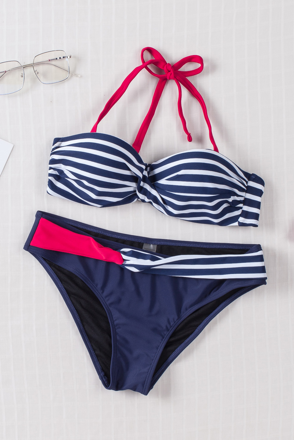 Blue Halter Bandeau Striped Bikini - Image 7