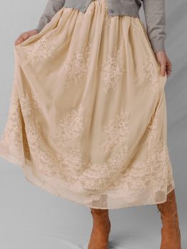 Oatmeal Embroidered Mesh Overlay Flowy Long Skirt