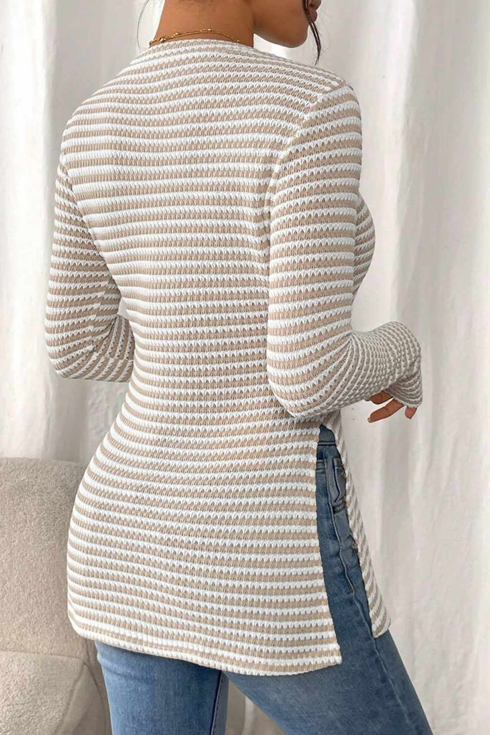 Jet Stream Striped Knit Side Slit Slim Round Neck Tunic Top - Image 2