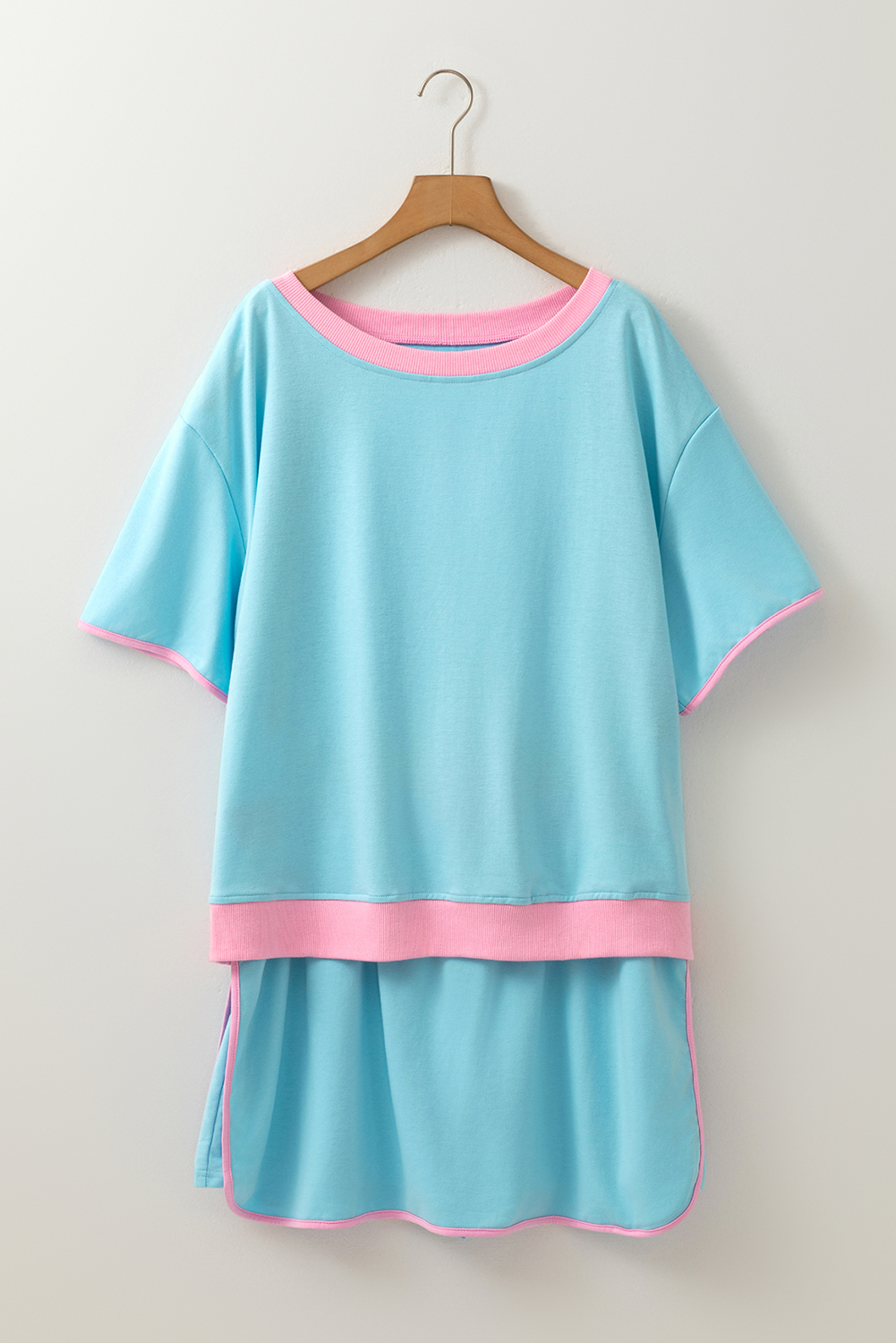 Turquoise Plus Size Contrast Trim T Shirt and Skirt Two Piece Set - Image 3