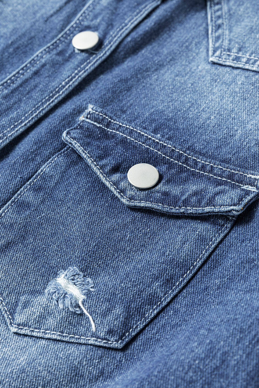 Sky Blue Light Wash Distressed Frayed Long Denim Jacket - Image 8