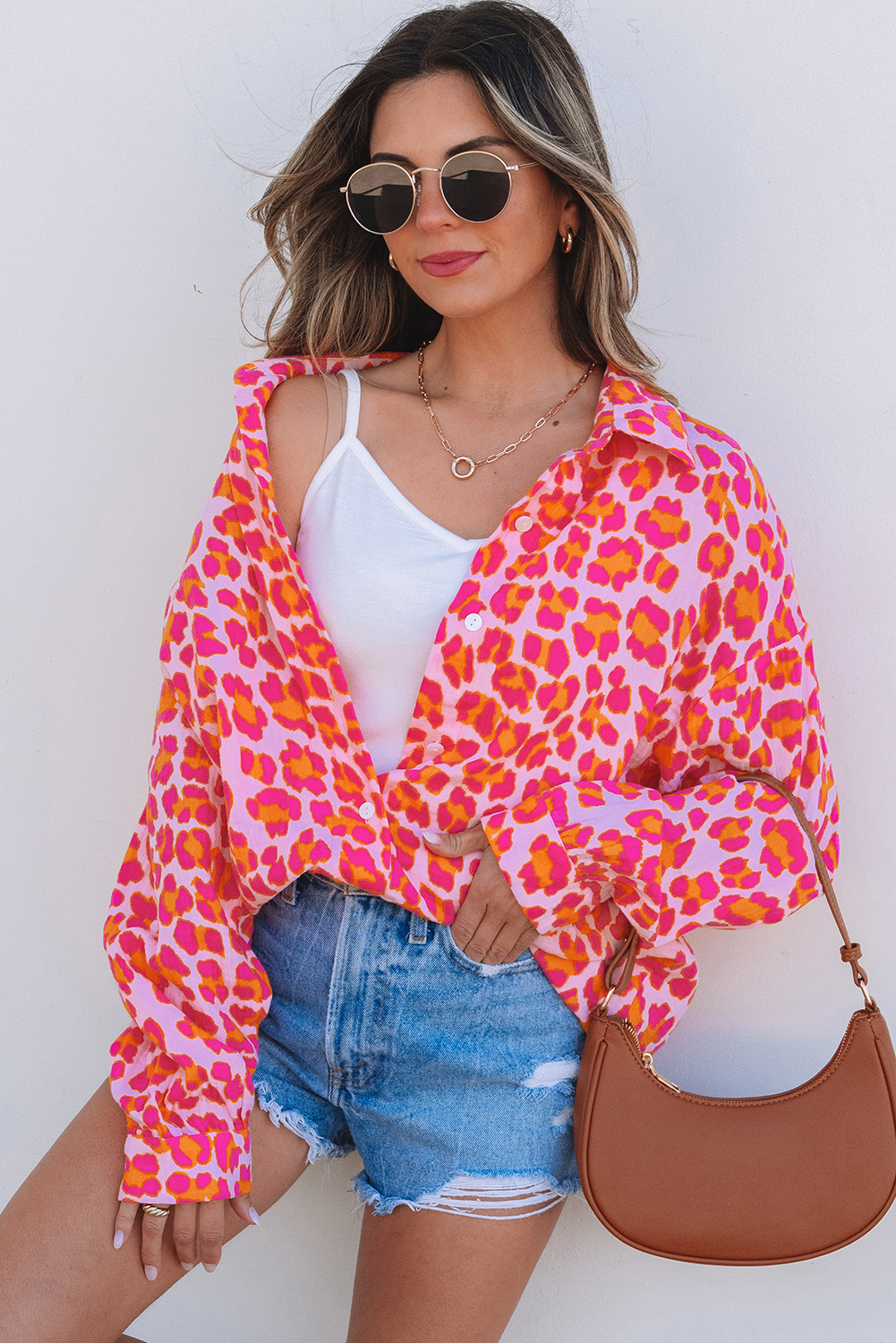 Rose Leopard Printed Button Up Loose Shirt - Image 3
