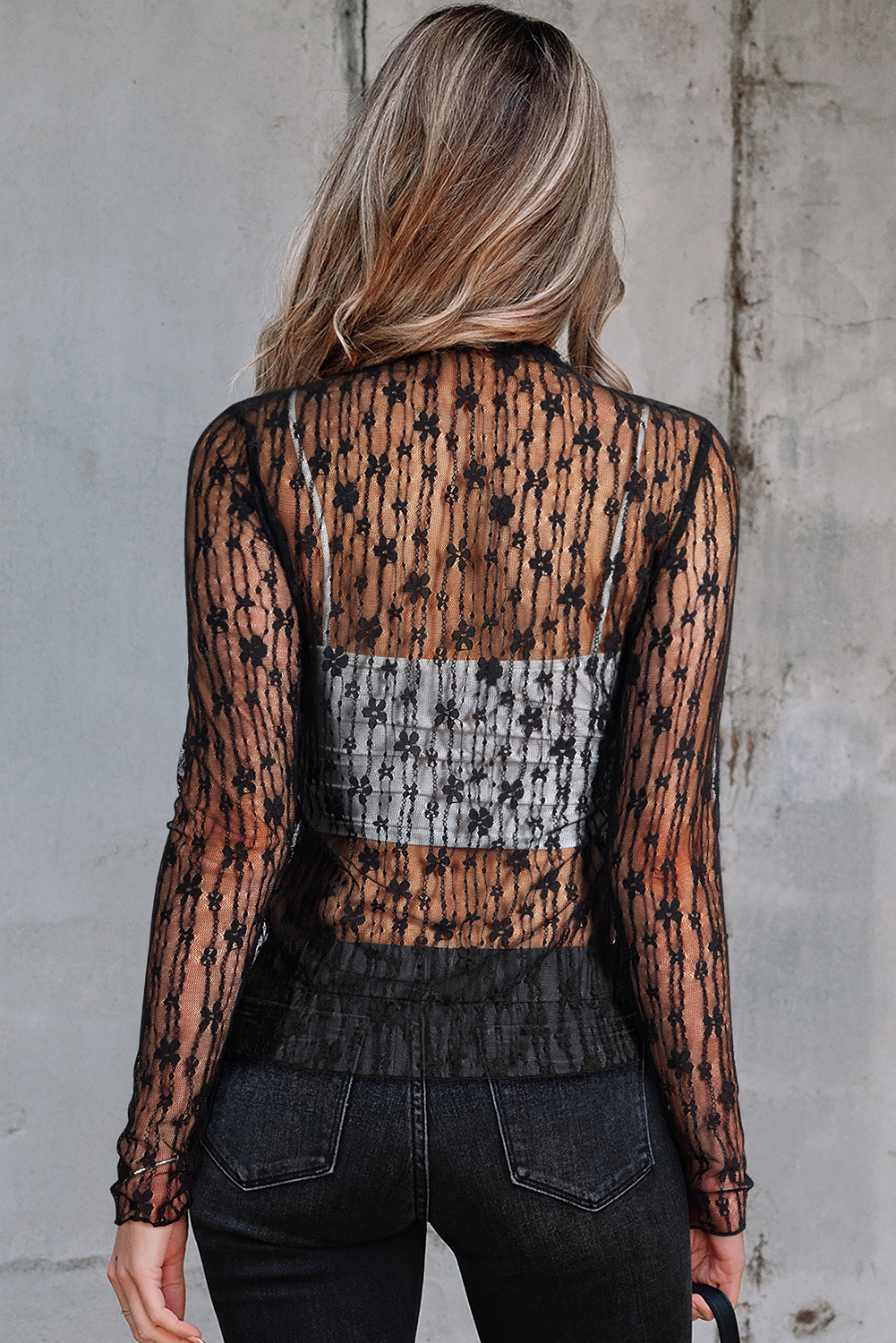 Black Sheer Floral Lace Long Sleeve Slim Fit Top - Image 2