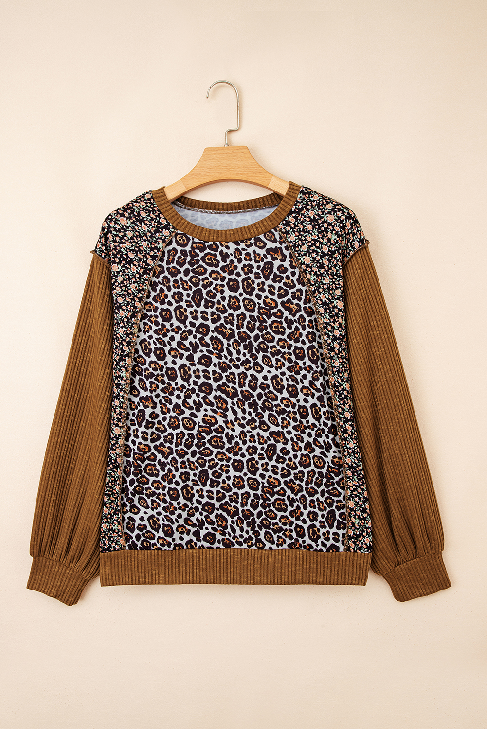 Brown Leopard Floral Print Ribbed Puff Sleeve Patchwork Loose Pullover - Image 5