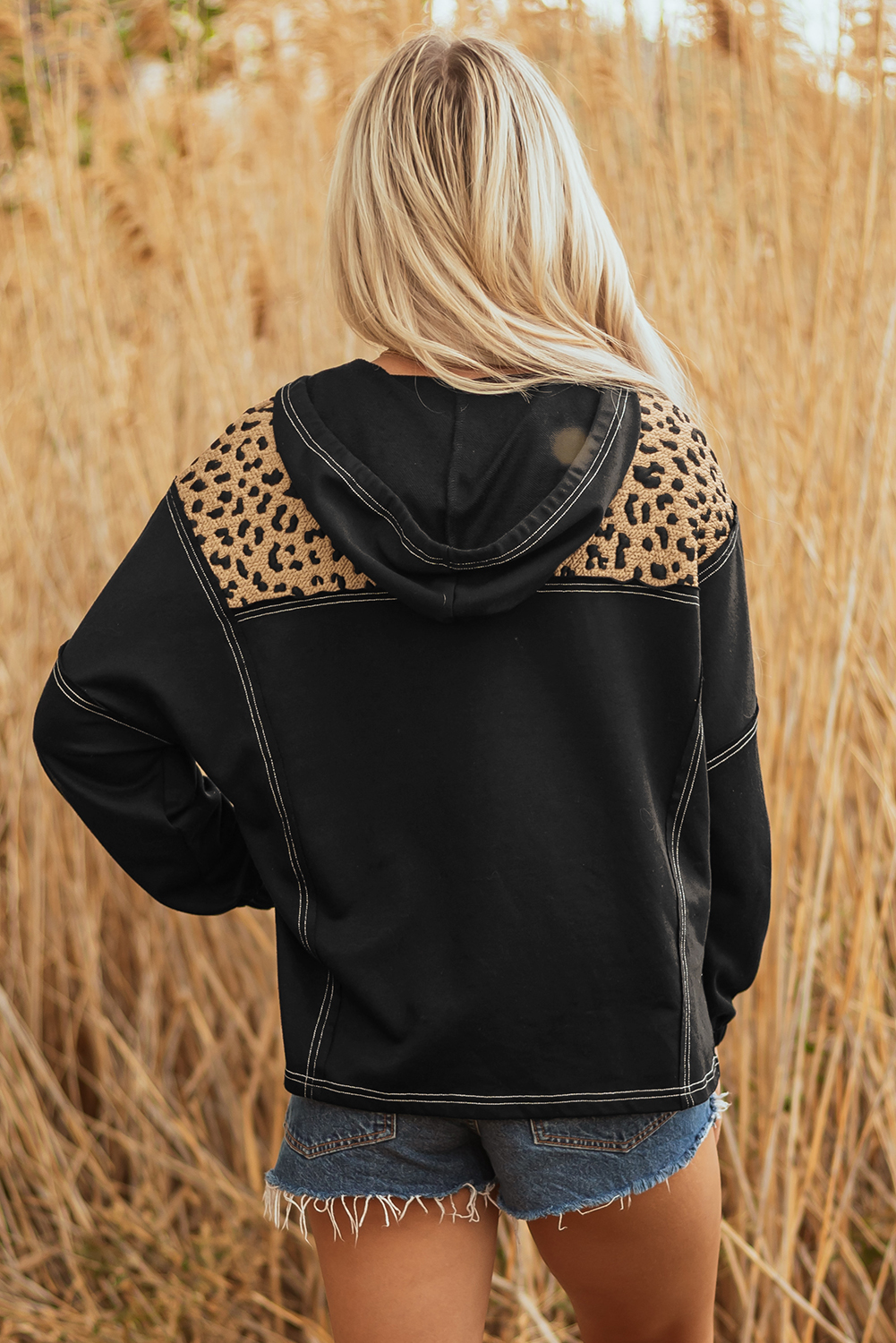 Brown Leopard Patchwork Contrast Stitching Knotted Cuff Quarter Zip Hoodie - Image 2