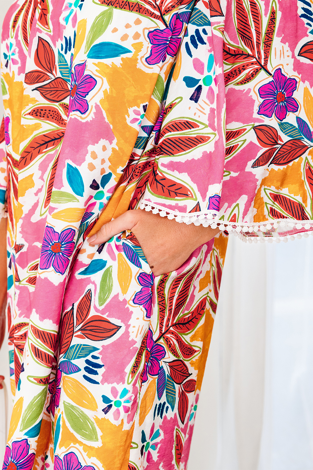 Pink Floral Print Lace Trimmed Tie Back Bell Sleeve Swing Mini Dress - Image 6